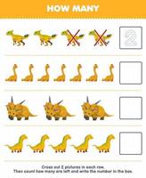 jogo de educação para crianças conte quantos dinossauros amarelos de desenho animado fofo e escreva o número na planilha de dinossauro pré-histórico imprimível da caixa vetor