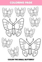 jogo de educação para crianças colorir página grande ou pequena imagem de arte de linha de borboleta bonito desenho planilha de bug para impressão vetor