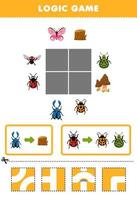 jogo de educação para crianças quebra-cabeça de lógica construir a estrada para o movimento do besouro para tora de madeira e planilha de bug para impressão de joaninha vetor