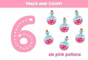 jogo de educação para crianças traçando o número seis e contando de poções cor-de-rosa fofas de desenhos animados planilha para impressão de halloween vetor