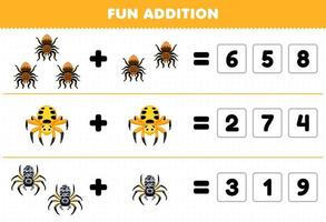 jogo educativo para crianças, adição divertida, adivinhando o número correto de planilha de bug imprimível de aranha fofa de desenho animado vetor