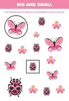 jogo de educação para crianças organizar por tamanho grande ou pequeno desenhando círculo e quadrado de bonito desenho animado borboleta joaninha flor folha de trabalho de bug imprimível vetor
