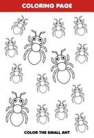 jogo de educação para crianças colorir página grande ou pequena imagem de formiga de desenho animado bonito folha de trabalho de bug imprimível vetor