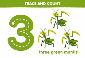 jogo de educação para crianças divertidas contando três planilhas de insetos imprimíveis de louva-a-deus verdes vetor