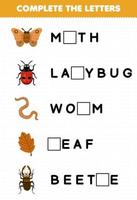 jogo educacional para crianças completa as letras de uma linda traça de desenho animado joaninha verme folha de besouro folha de trabalho de bug imprimível vetor