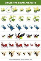 jogo de educação para crianças circule o menor objeto em cada linha de bonito desenho animado libélula mantis besouro vaga-lume formiga abelha planilha de bug imprimível vetor
