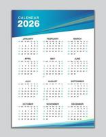 modelo de calendário de parede 2026, design de calendário de mesa 2026, domingo de início de semana, folheto de negócios, conjunto de 12 meses, domingo de início de semana, organizador, planejador, mídia impressa, design de calendário fundo azul vetor