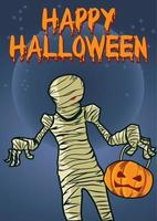 múmia no halloween e pôster colorido de desenhos animados de abóbora vetor