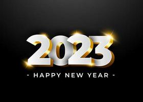 um feliz ano novo 2023 parabéns. número de luxo branco premium com efeito brilhante com fundo gradiente preto, conceito de logotipo dourado em estilo 3d. fitas douradas de alta qualidade e número 3d. vetor