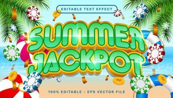 efeito de texto editável 3d jackpot de verão com ilustração de chip e fundo de paisagem do mar vetor