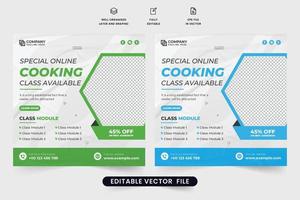 design de pôster promocional de curso de culinária on-line especial com formas criativas. vetor de modelo de promoção de mídia social do centro de treinamento culinário. design de banner da web de aula de culinária on-line para marketing.