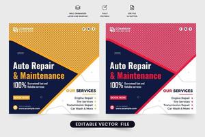 gerenciamento de negócios automotivos e modelo de serviço de reparo para marketing de mídia social. design de postagem de mídia social de serviço de manutenção de carro com cores amarelas e vermelhas. promoção de negócios de reparação de veículos. vetor