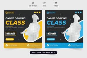 design de banner promocional de aula de culinária especial com cores amarelas e azuis. design de pôster de aula de culinária on-line para marketing digital. vetor de postagem de mídia social de classe culinária para treinamento de culinária