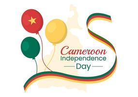 feliz dia da independência de camarões em 1º de janeiro com bandeira camaronesa e feriado memorial na ilustração de modelos desenhados à mão de desenho animado plano vetor