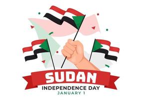 dia da independência do sudão em 1º de janeiro com bandeiras e feriado nacional sudanês em ilustração de modelos desenhados à mão de fundo plano dos desenhos animados vetor