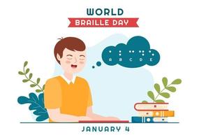 dia mundial do braille em 4 de janeiro com texto por alfabeto para meios de comunicação na ilustração de modelos desenhados à mão de desenhos animados planos vetor