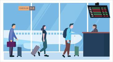 ilustração vetorial de pessoas embarcando no aeroporto de voo na fila. viagem vetor