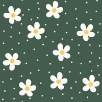 padrão de verão sem costura com margaridas planas e pontos brancos sobre fundo verde. padrão de repetição floral fofo para decoração, tecido, têxtil, papéis de parede, presente, papel de embrulho vetor