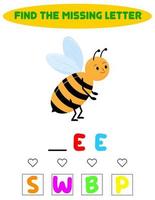 encontre a letra que falta. jogo de ortografia educacional para kids.education quebra-cabeça para crianças encontrar a carta faltando da folha de trabalho de bug imprimível de abelha de desenho animado bonito. vetor