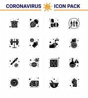 conjunto de ícones covid19 para infográfico 16 pacote preto de glifo sólido, como pílulas de transferência química, engajamento de infecção, vírus viral, doença de 2019nov, elementos de design vetorial vetor