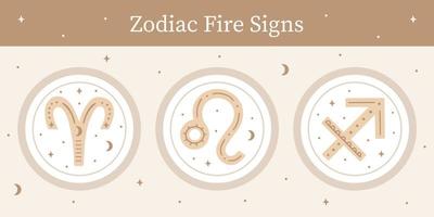 conjunto de sinais de fogo do zodíaco ornamentados desenhados à mão. símbolos vetoriais de Áries, Leão e Sagitário. adesivos astrológicos do zodíaco vetor