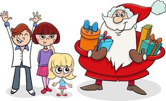 desenho animado papai noel dando presentes de natal para crianças vetor