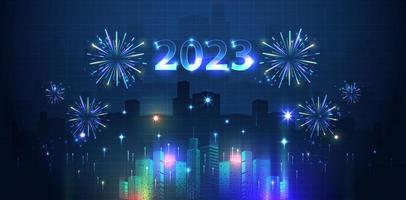 2023 feliz ano novo cidade e fogos de artifício no céu acima do fundo. projeto do vetor. vetor