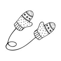 doodle de par de luvas com flocos de neve e listras. ilustração vetorial desenhada à mão de roupas de malha quentes de inverno isoladas no fundo branco. vetor