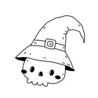 crânio bonito em um chapéu de bruxa isolado no fundo branco. ilustração vetorial desenhada à mão em estilo doodle. perfeito para cartões, decorações, logotipos e designs de halloween. vetor