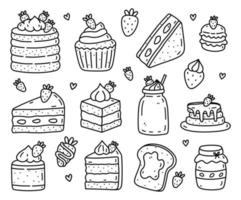 bonito conjunto com sobremesas de morango e bebidas isoladas no fundo branco. ilustração vetorial desenhada à mão em estilo doodle. perfeito para cartões, menu, logotipo, decorações, adesivos, vários designs. vetor