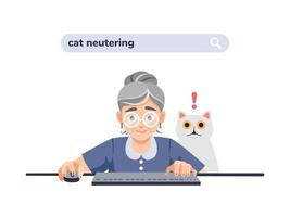 velha, idosa, avó no computador está procurando informações sobre castração de gatos, castração. o gato fica surpreso e assustado. ilustração vetorial colorida sobre castração de animais vetor