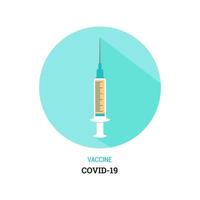 seringa com ilustração do ícone da vacina covid-19 em estilo plano. adesivo de vacinação vetor