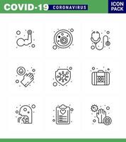 conjunto de ícones de 9 linhas de proteção covid19, como vírus de lavagem de segurança, estetoscópio médico, coronavírus viral, doença de 2019nov, elementos de design vetorial vetor
