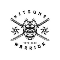 kitsune com logotipo de lobo japonês de katana cruzado em ilustração em vetor preto e branco estilo vintage