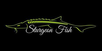 logotipo de pesca de peixe esturjão em fundo preto escuro. design de logotipo rústico vintage moderno. ótimo para usar como logotipo e marca de qualquer empresa de pesca vetor