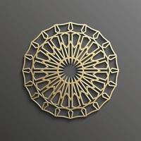 ouro 3d islâmico na mandala escura redondo fundo ornamento design de textura muçulmana arquitetônica. pode ser usado para convites de brochuras, motivo persa vetor