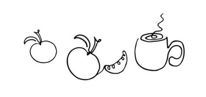 bebida quente de arte de linha, maçã e tangerinas no backgraund branco. ilustração em vetor página para colorir.