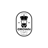 rosto velho com coroa rei distintivo do reino vetor de design de logotipo vintage
