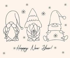 coleção linear ano novo gnomos fofos. gnomo de inverno com árvore de natal, presente e tabuleta de madeira. ilustração vetorial. mão desenhando no estilo doodle. personagens de natal de desenhos animados isolados. vetor