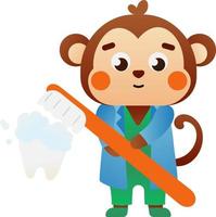 médico de macaco fofo segurando escova de dentes e escovando dente, ilustração de clínica odontológica vetor
