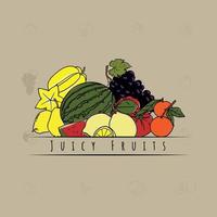 doodle de design de frutas suculentas em design de conceito colorido para modelo de publicidade de frutas ou sucos vetor