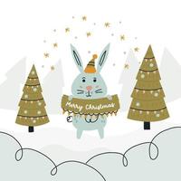 coelho com sinal celebração feliz natal. doodle coelho na floresta com árvores de inverno. ilustração vetorial fofa desenhada à mão vetor