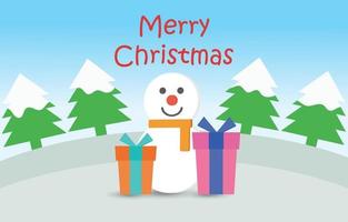 vetor fundo de dia de natal com homem de neve, árvore de natal e caixa de presente com texto feliz natal. ilustração vetor de conceito de venda de fundo de dia de natal.