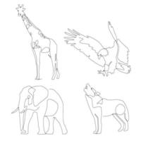 animais modernos e animais selvagens linha vetor minimalista. girafa, falcão, elefante e lobo