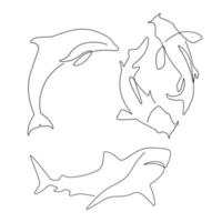 conjunto de golfinhos de peixes de animais marinhos, tubarão, arte de linha koi, desenhados à mão para design de logotipo. vetor