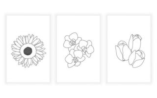 conjunto de flores e arte de linha floral desenhadas à mão para design de logotipo girassol tulipa orquídeas flor vetor