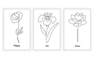 conjunto de flores sobre fundo branco. um estilo de desenho de linha. flor elegante para design para impressão, flor botânica floral papoula, íris e flor de lótus vetor