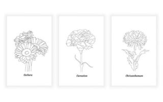 conjunto de flores e arte de linha botânica, linha contínua. para design de logotipo. gérbera, cravo, crisântemo vetor
