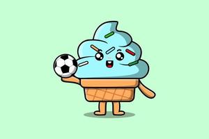 personagem de desenho animado bonito sorvete jogando futebol vetor