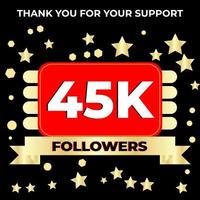 obrigado design de modelo de celebração de 45k seguidores perfeito para rede social e seguidores, ilustração vetorial. vetor